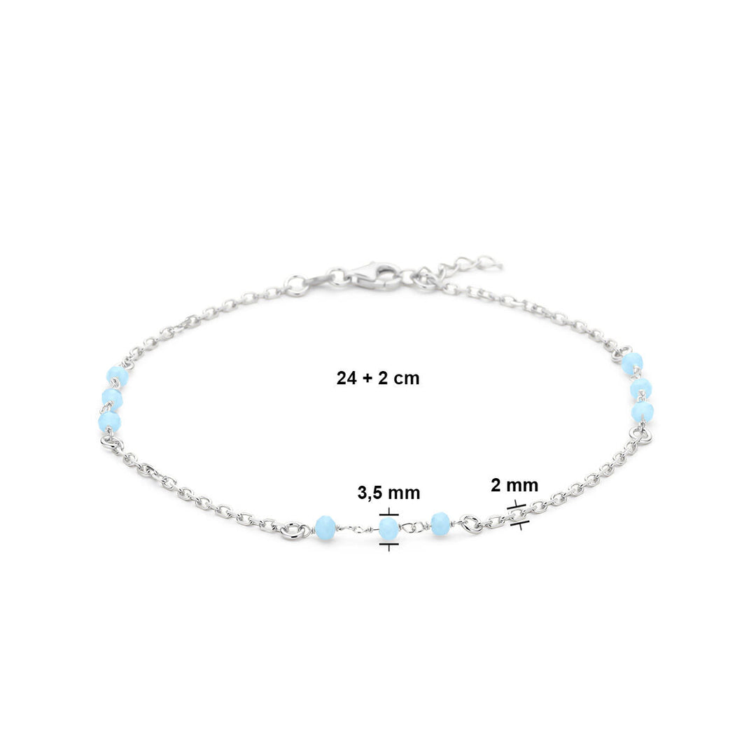 enkelbandje blauw kristal bolletjes 24 + 2 cm zilver gerhodineerd