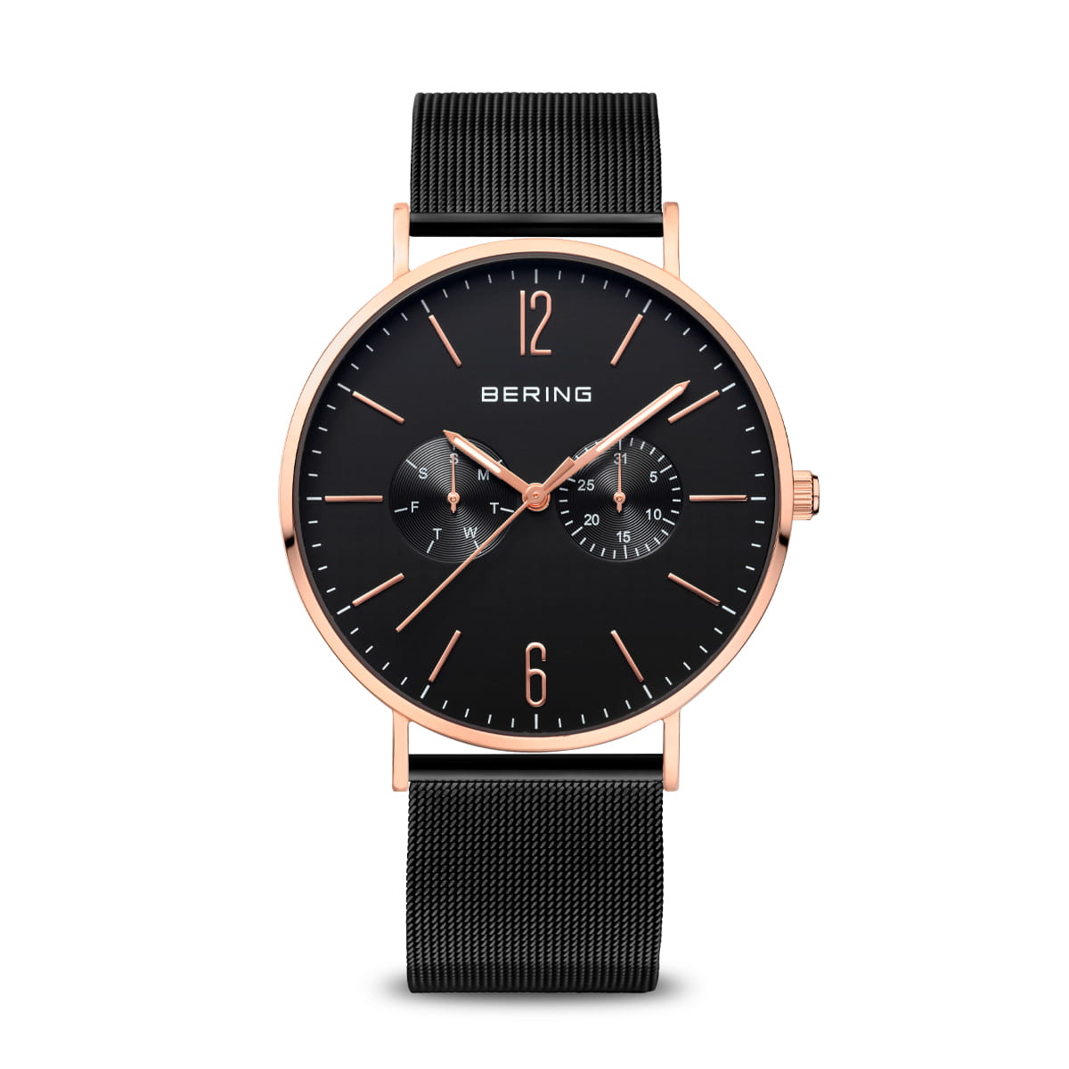 Montre pour homme avec cadran noir, boîtier rose doré et bracelet en maille noire.