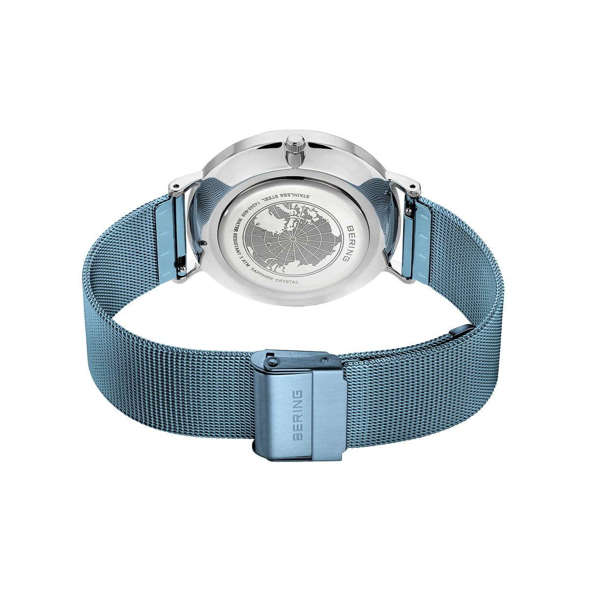 Montre avec un boîtier en acier inoxydable et un bracelet en silicone bleu.