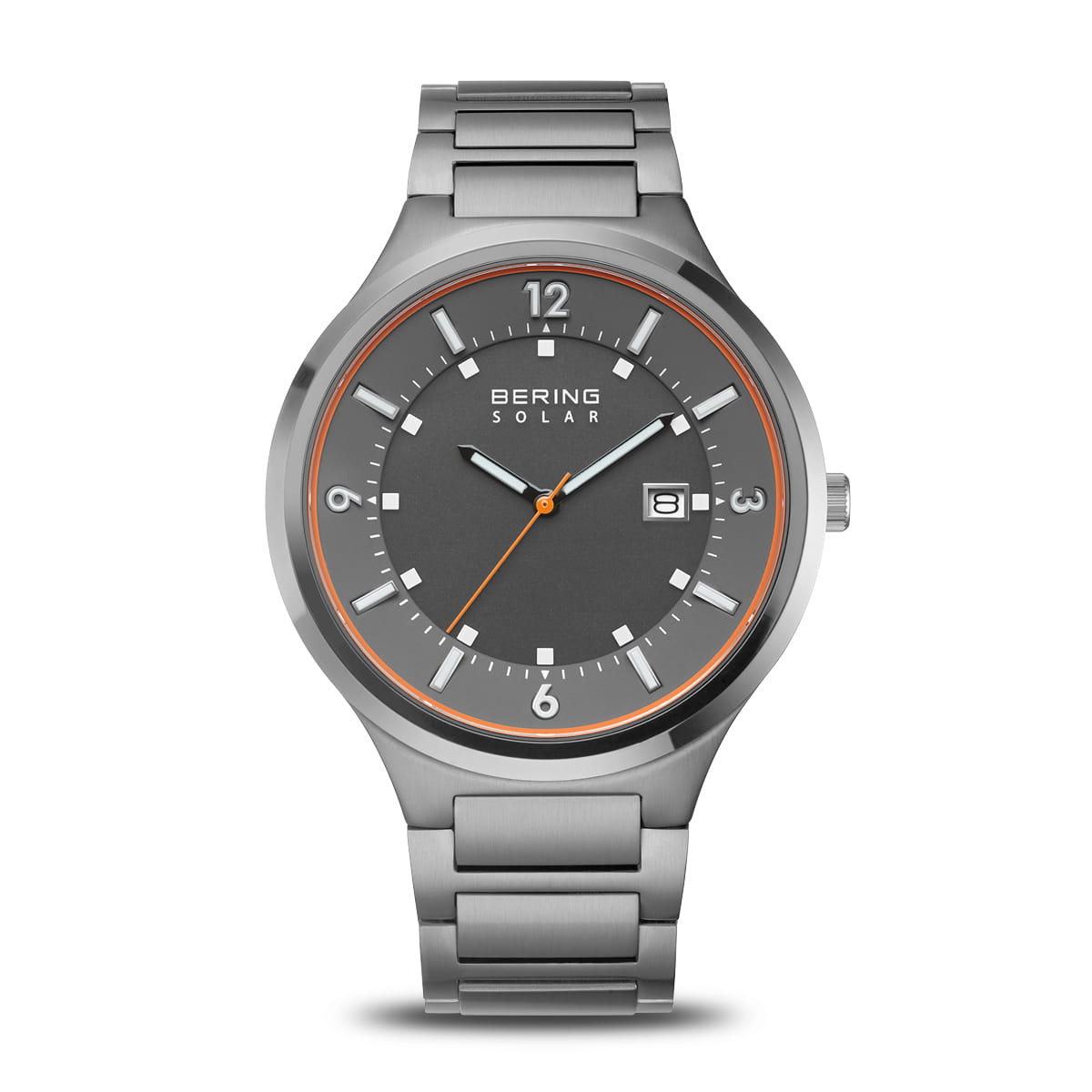 Montre Bering Solar en acier inoxydable avec cadran gris et détails orange.