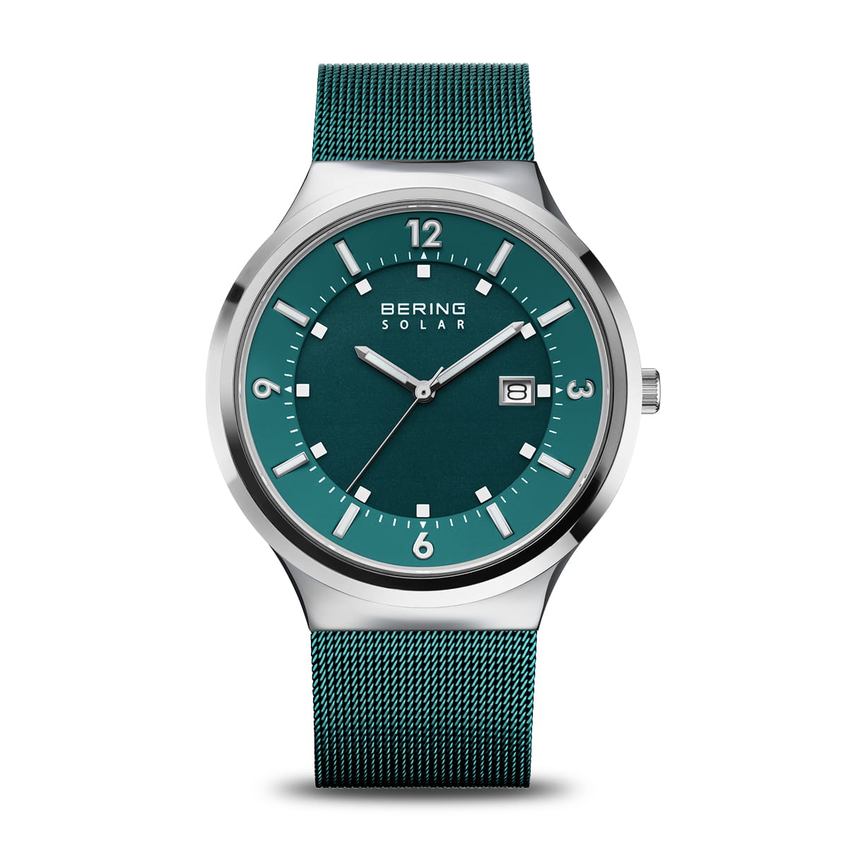 Montre Bering avec un cadran vert, boîtier en acier inoxydable et bracelet en maille métallique.