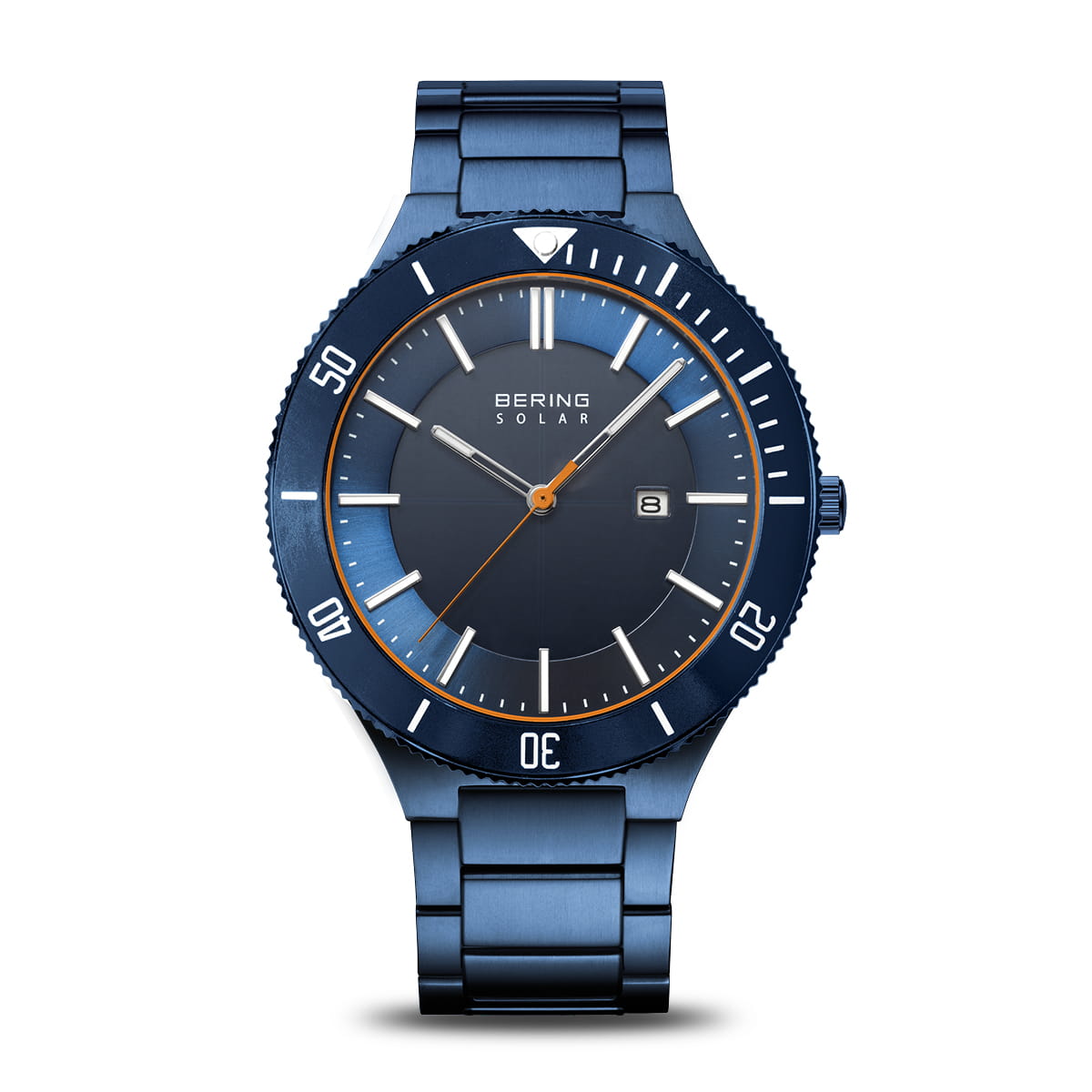 Montre pour homme avec cadran bleu, boîtier et bracelet en acier inoxydable, aiguilles orange.