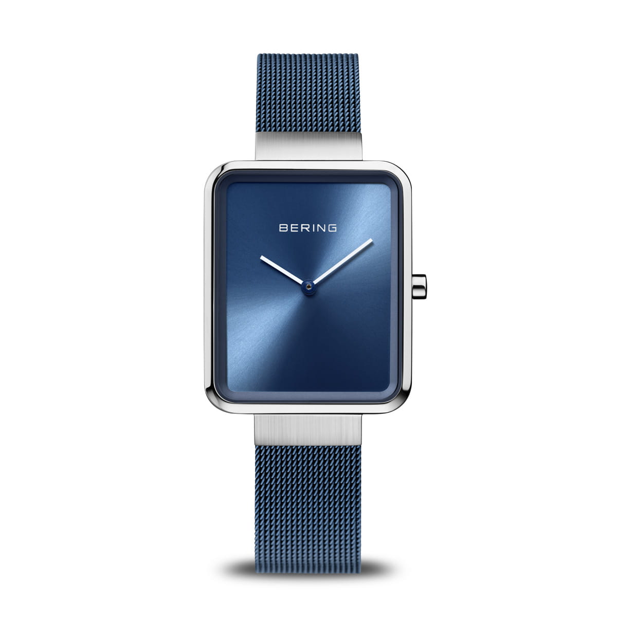 Montre pour femme avec cadran bleu, boîtier carré en acier inoxydable et bracelet en maille.