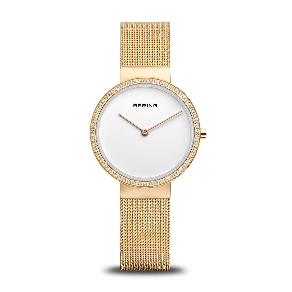 Montre Bering pour femme avec cadran blanc, boîtier doré et bracelet en maille dorée.