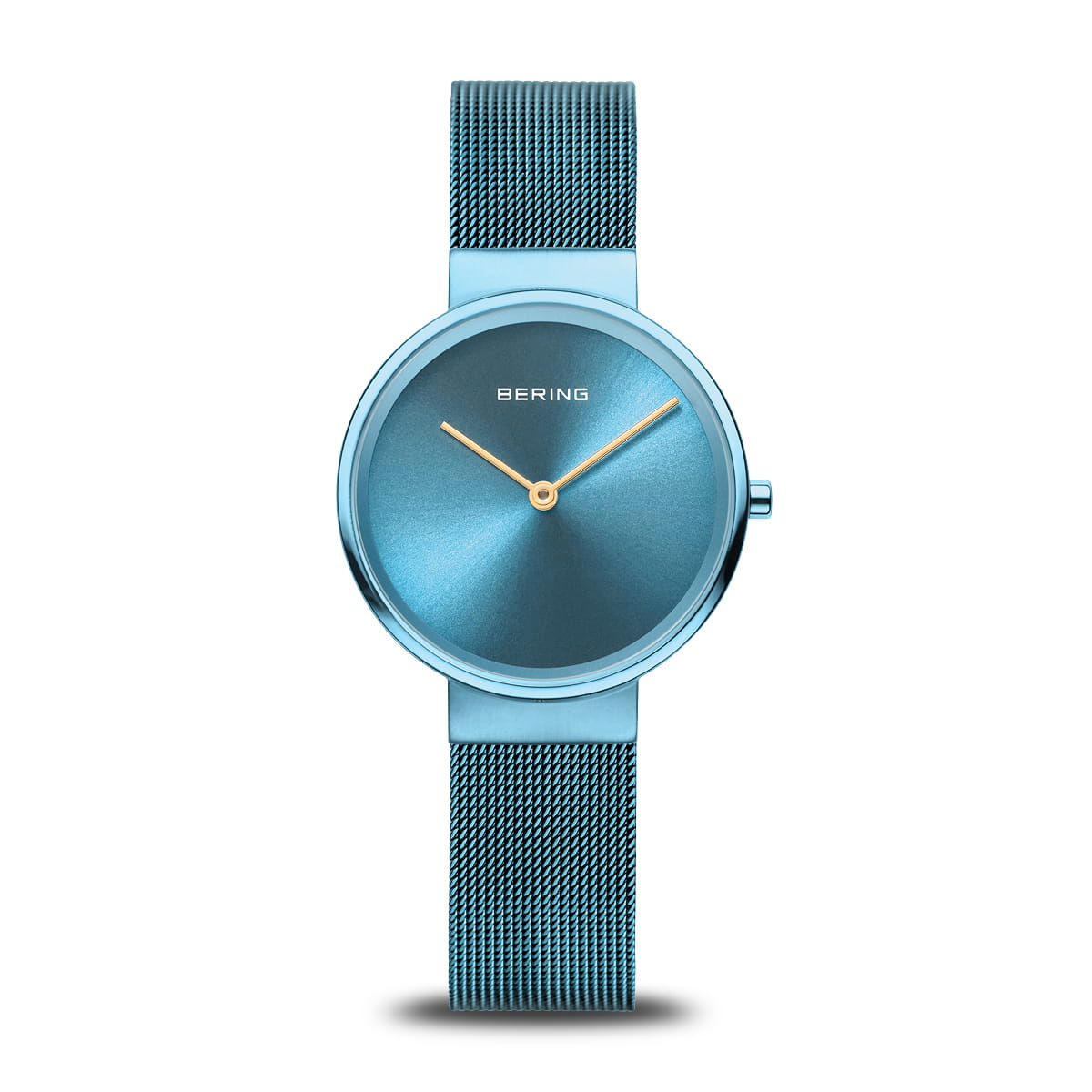 Montre avec un cadran bleu, boîtier rond et bracelet en maille métallique assorti.