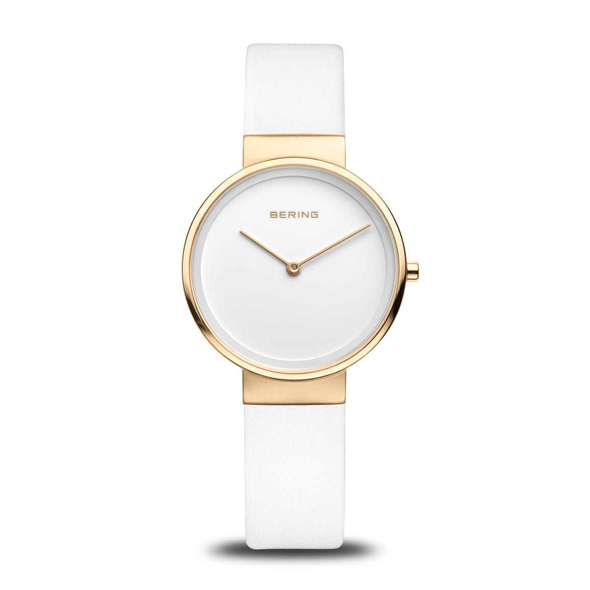 Montre avec un cadran blanc, boîtier doré et bracelet en cuir blanc.