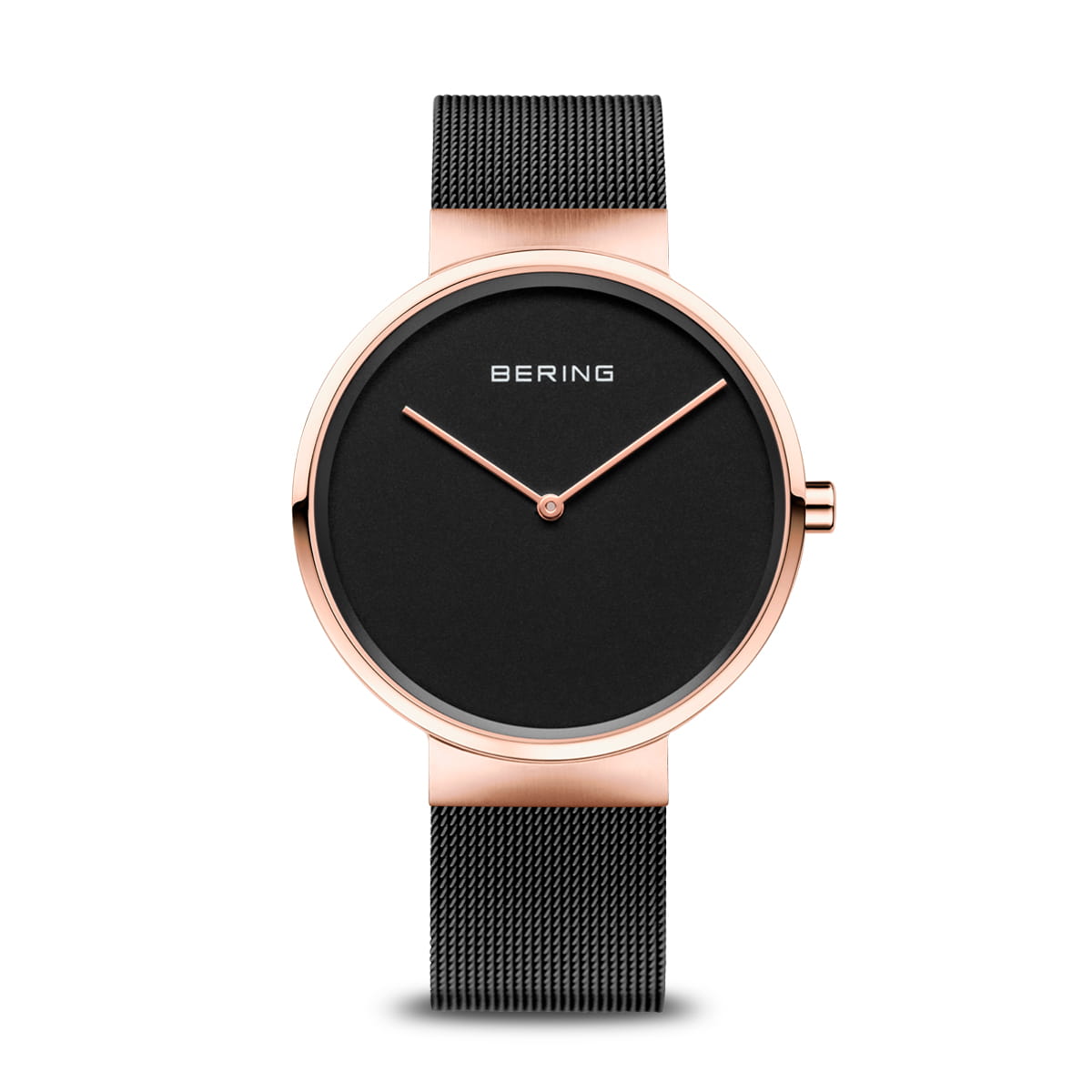 Montre Bering avec boîtier rose et cadran noir, bracelet en maille métallique.