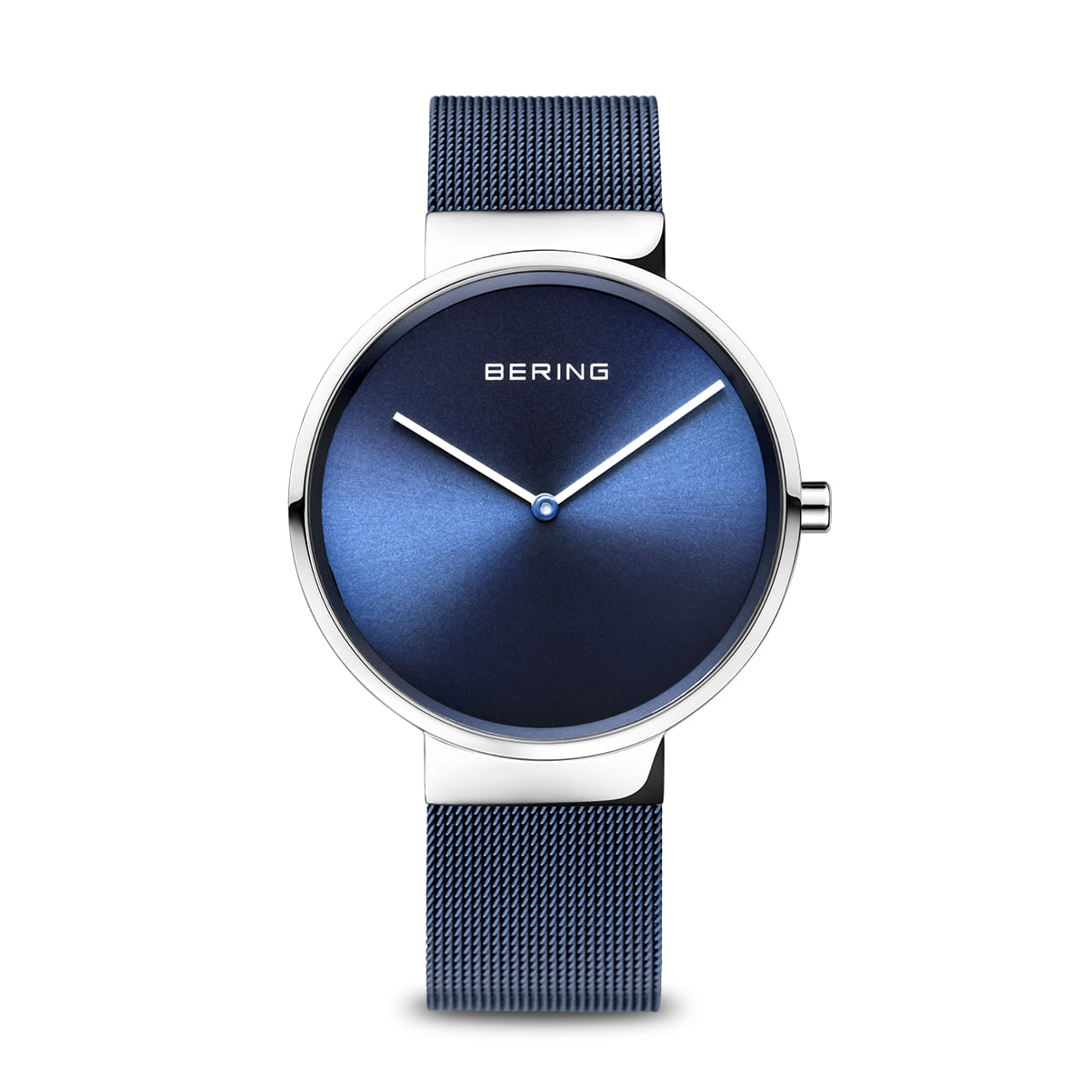 Montre unisexe avec un cadran bleu, boîtier en acier inoxydable et bracelet en maille bleu.