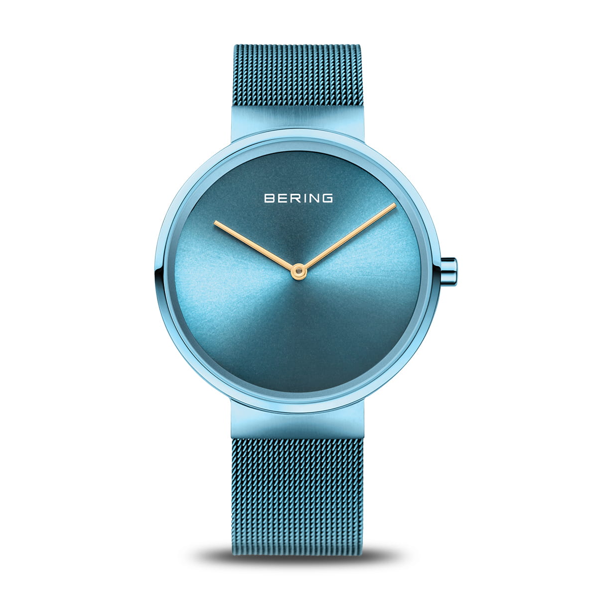 Montre Bering avec un cadran bleu et un bracelet en maille métallique argenté.