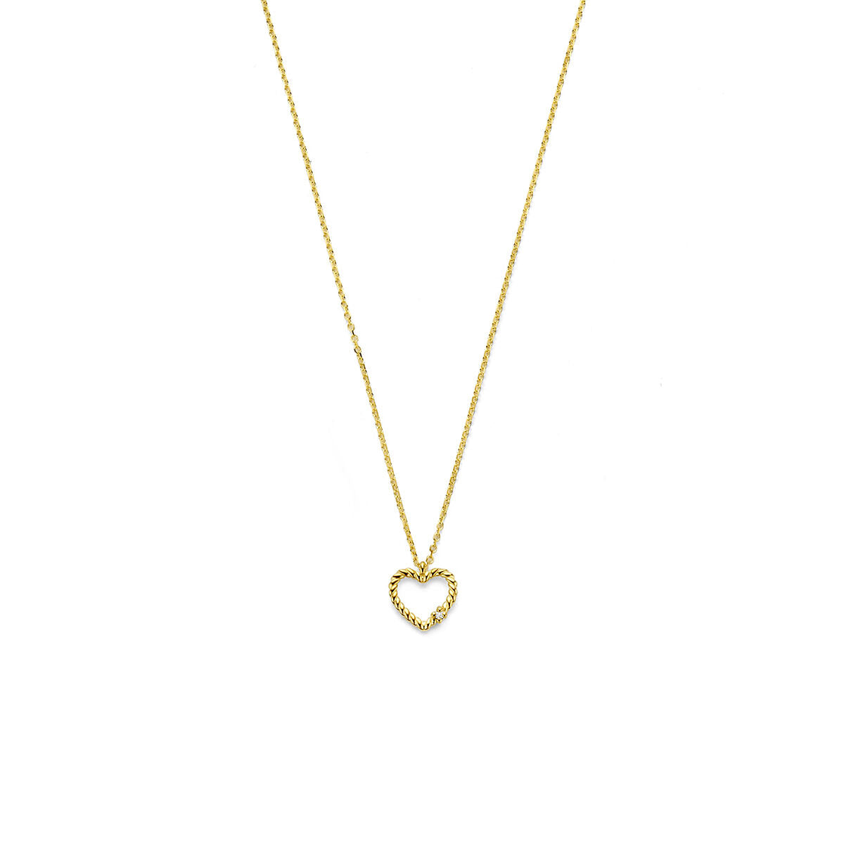 Collier en or jaune 14k avec un pendentif en forme de cœur orné d'un diamant.