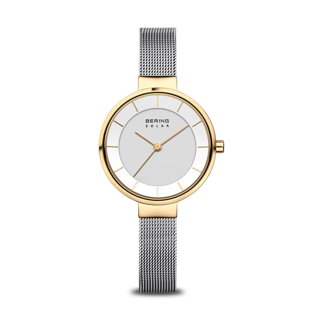 Montre femme Bering avec cadran blanc, boîtier doré et bracelet en maille argentée.