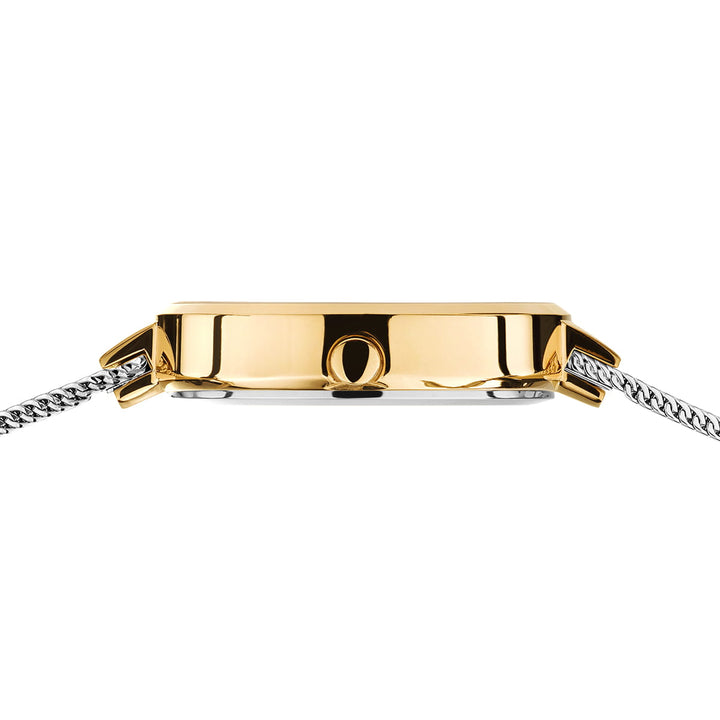 Zijaanzicht van het Bering dameshorloge (model 14631-024) met een gouden kast, metalen mesh band en quartz uurwerk. Het beschikt over saffierglas voor duurzaamheid, wat het strakke profiel, elegante ontwerp en ronde kroon op de witte wijzerplaat benadrukt.