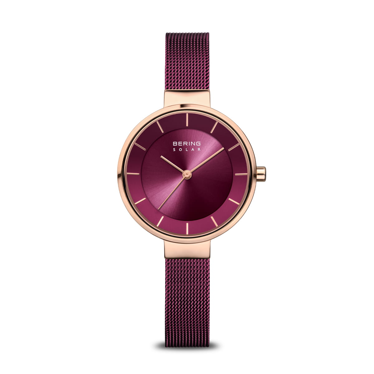 Montre avec un cadran violet, boîtier doré et bracelet en maille dorée.