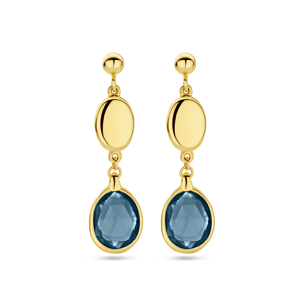 Boucles d'oreilles en or jaune 14K avec topazes london blue de 36 mm, forme ovale et goutte.