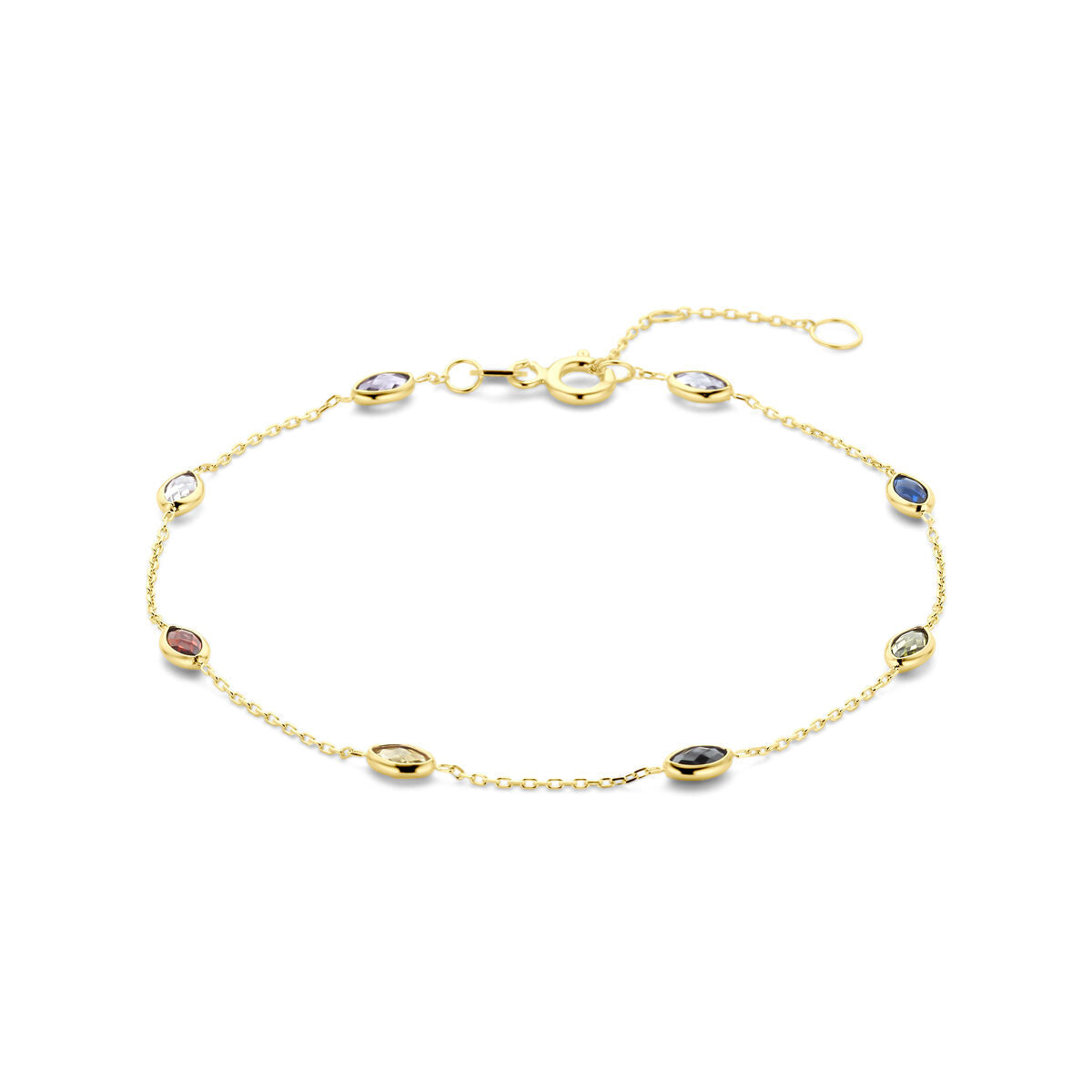 Bracelet en or jaune 14 carats avec des zirconias colorées, design délicat et joyeux.