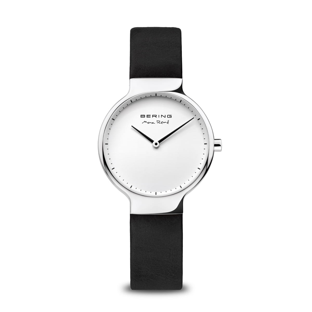 Montre femme avec cadran blanc, boîtier argenté et bracelet en cuir noir.