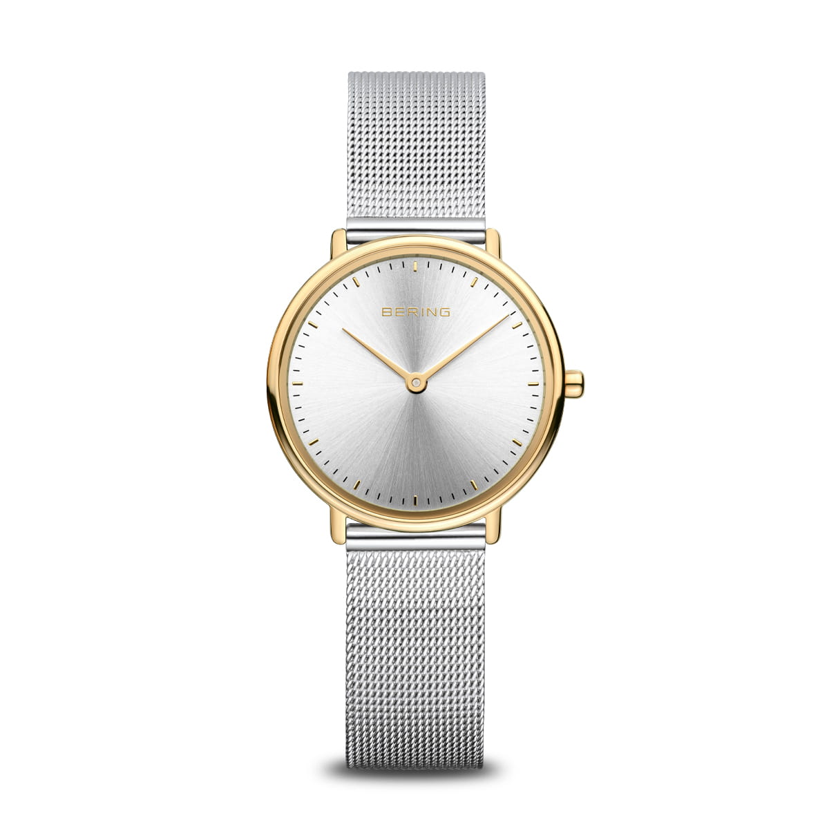Montre argentée avec boîtier doré, cadran argenté et bracelet en maille.