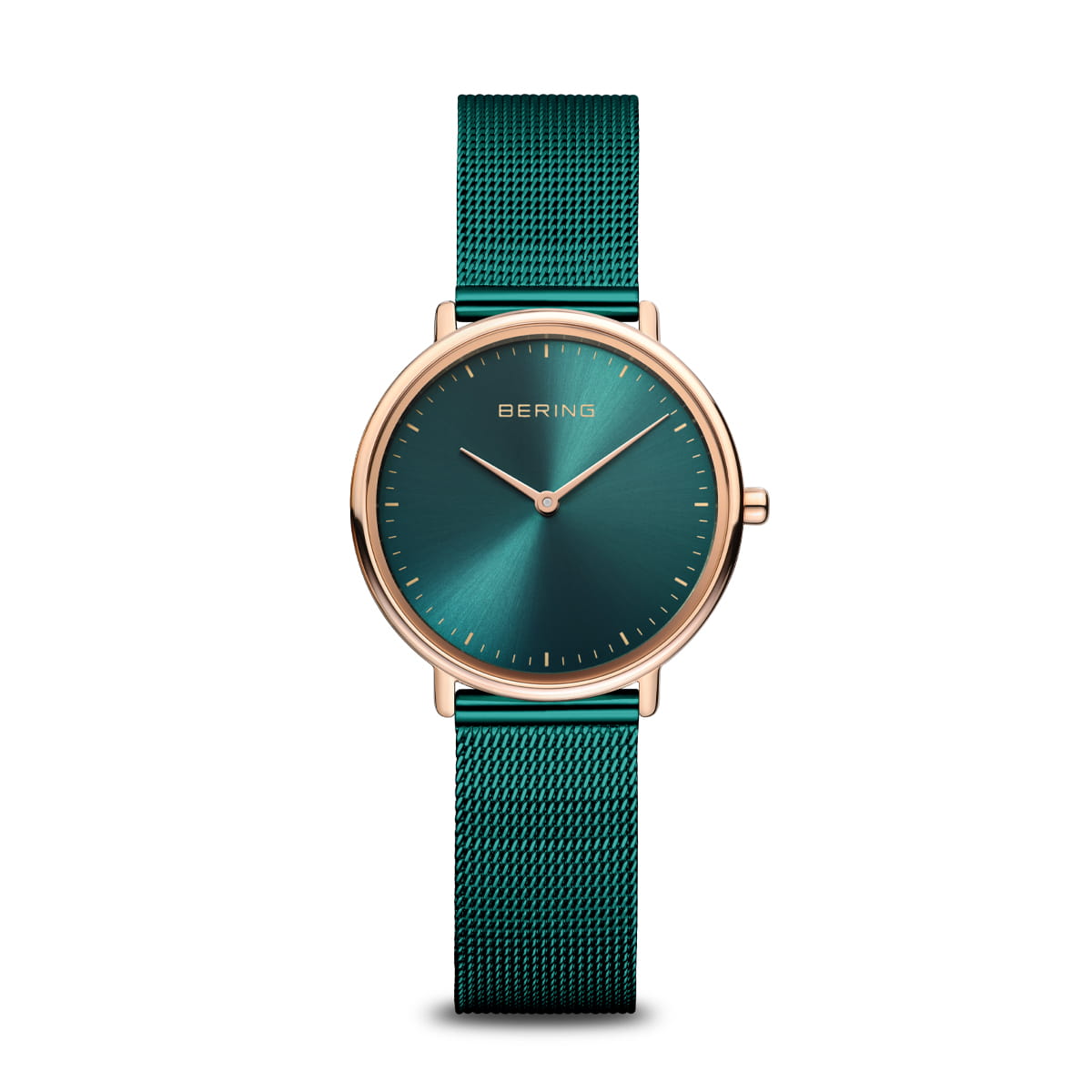 Montre avec un cadran vert, boîtier doré et bracelet en maille métallique verte.