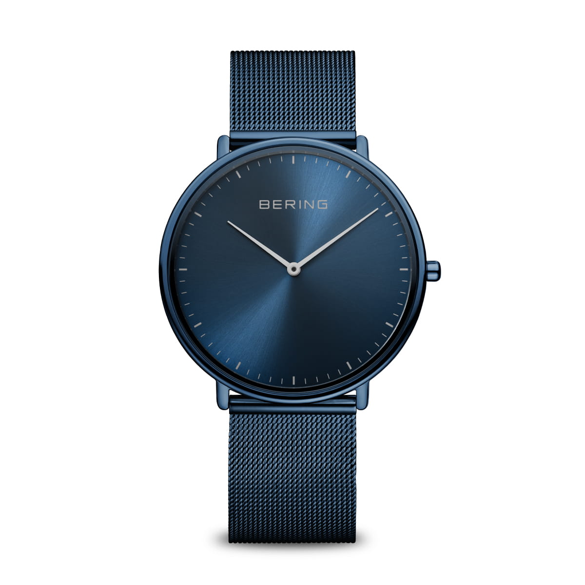 Montre unisexe Bering avec un cadran bleu et un bracelet en maille métallique.