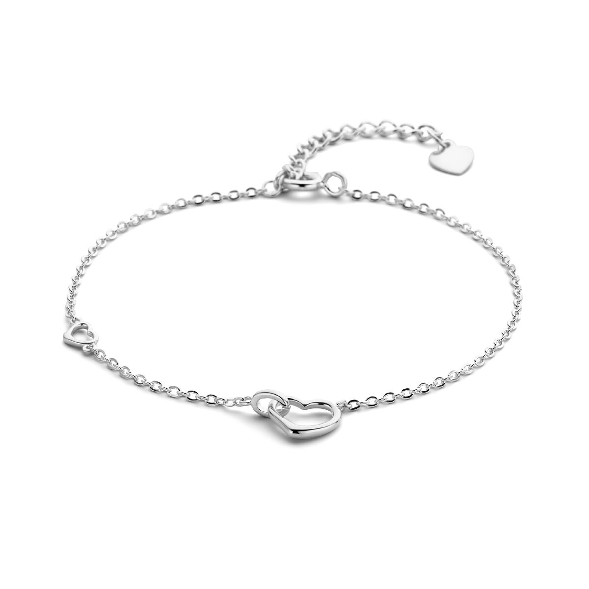 Bracelet en argent rhodié avec des cœurs, longueur de 16 à 19 cm.