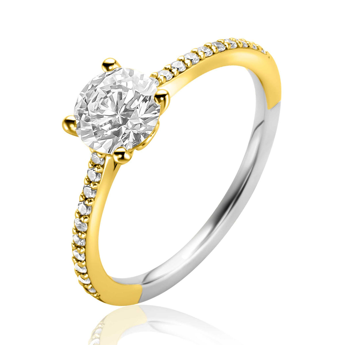 Bague dorée avec un zircon central et des petites pierres scintillantes sur le côté.