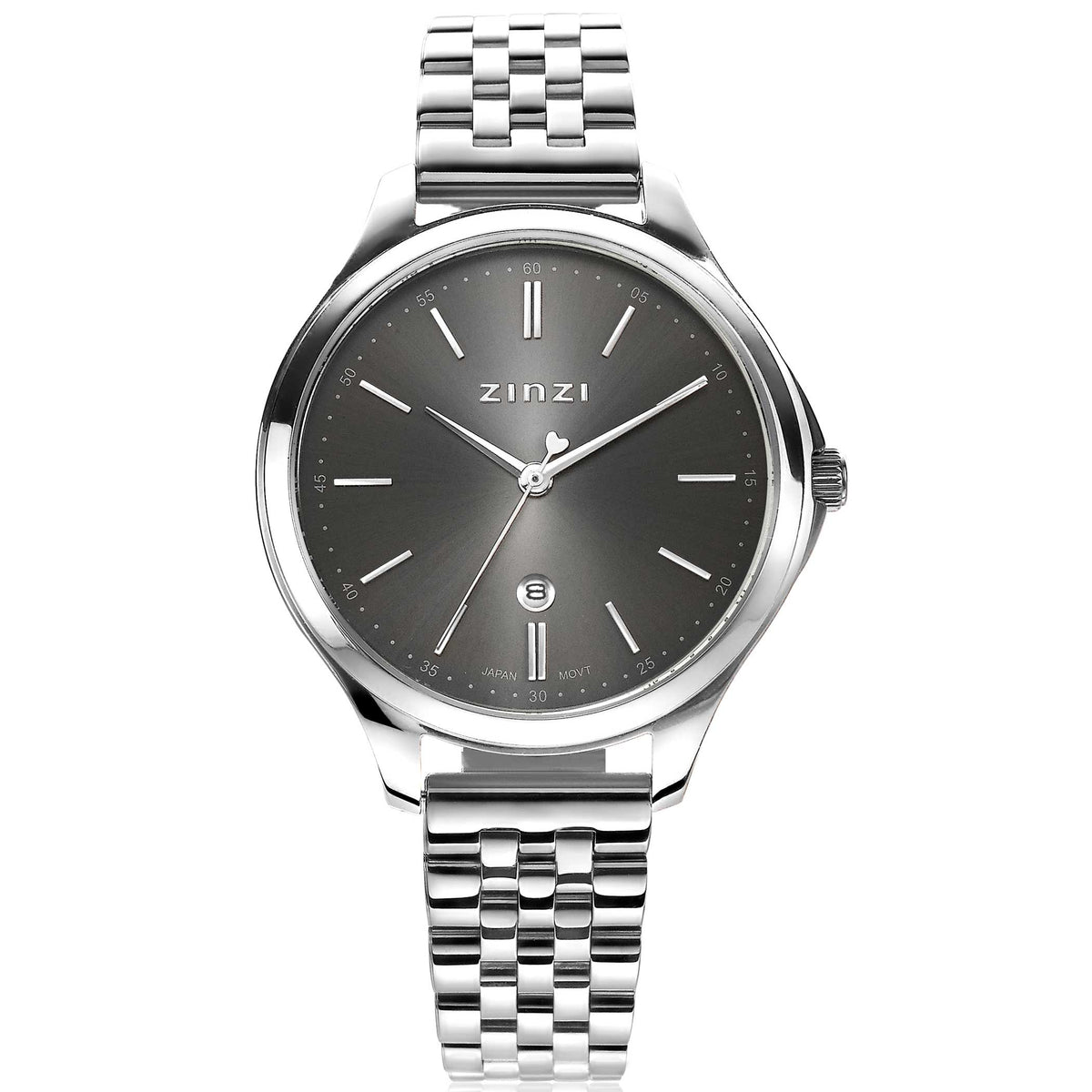 Montre en acier argenté avec un cadran gris et un bracelet à maillons.