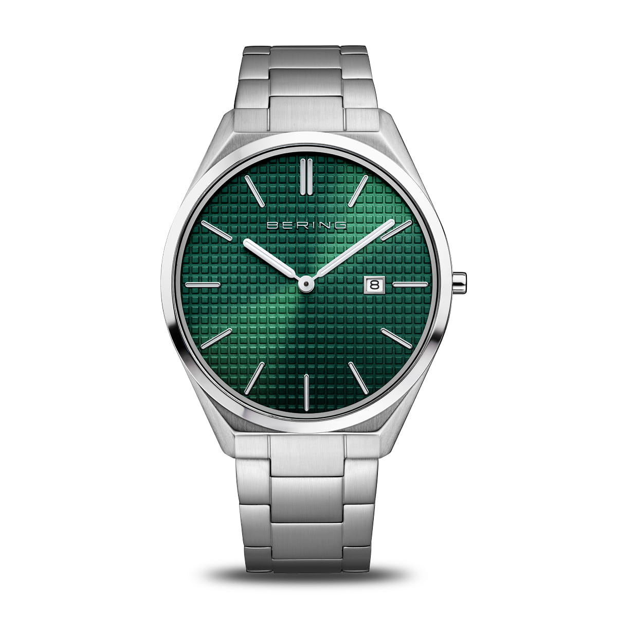Montre pour homme avec cadran vert, boîtier en acier inoxydable et bracelet en acier.