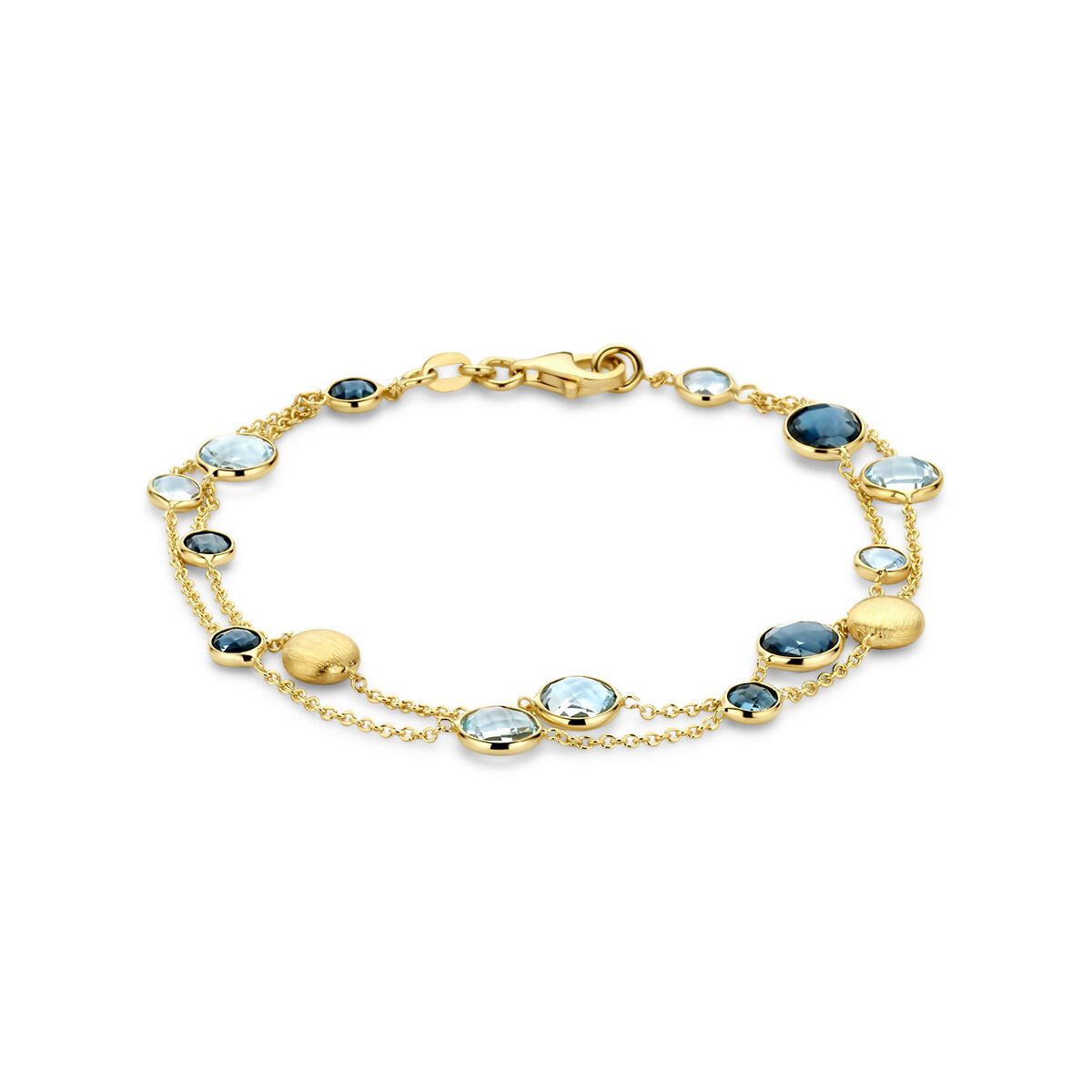 Bracelet en or jaune 14K avec des topazes bleu ciel et bleu Londres en forme de rond.