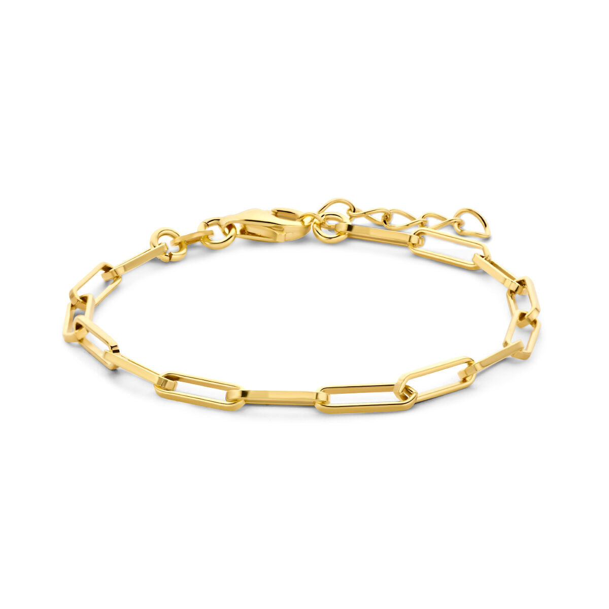 Bracelet en argent doré avec maillons en forme de paperclip et fermoir.