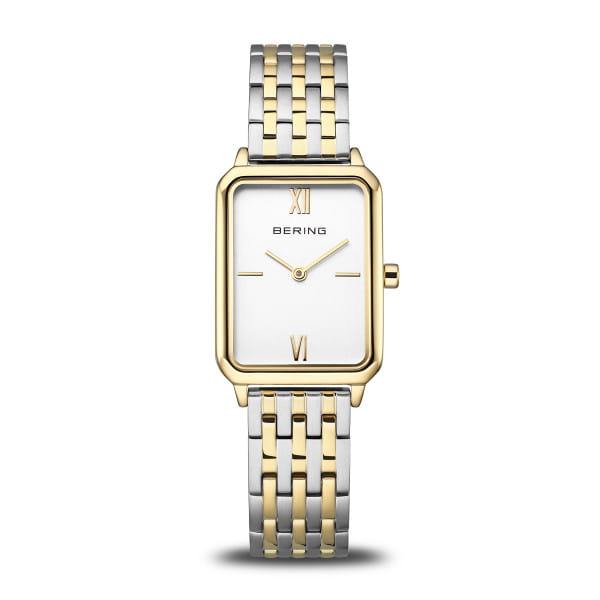 Montre Bering pour femme avec cadran blanc, boîtier rectangulaire doré et argenté, bracelet en acier bicolore.