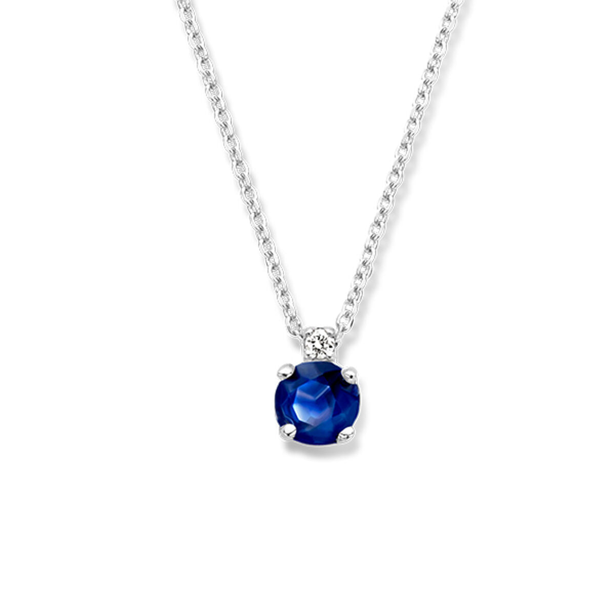 Collier en or blanc 14K avec pendentif en saphir et diamant.