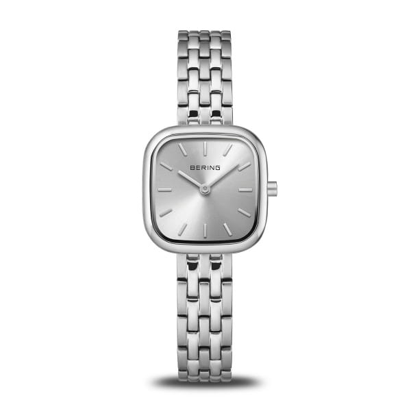 Montre pour femme avec cadran argenté et bracelet en acier inoxydable, boîtier carré.