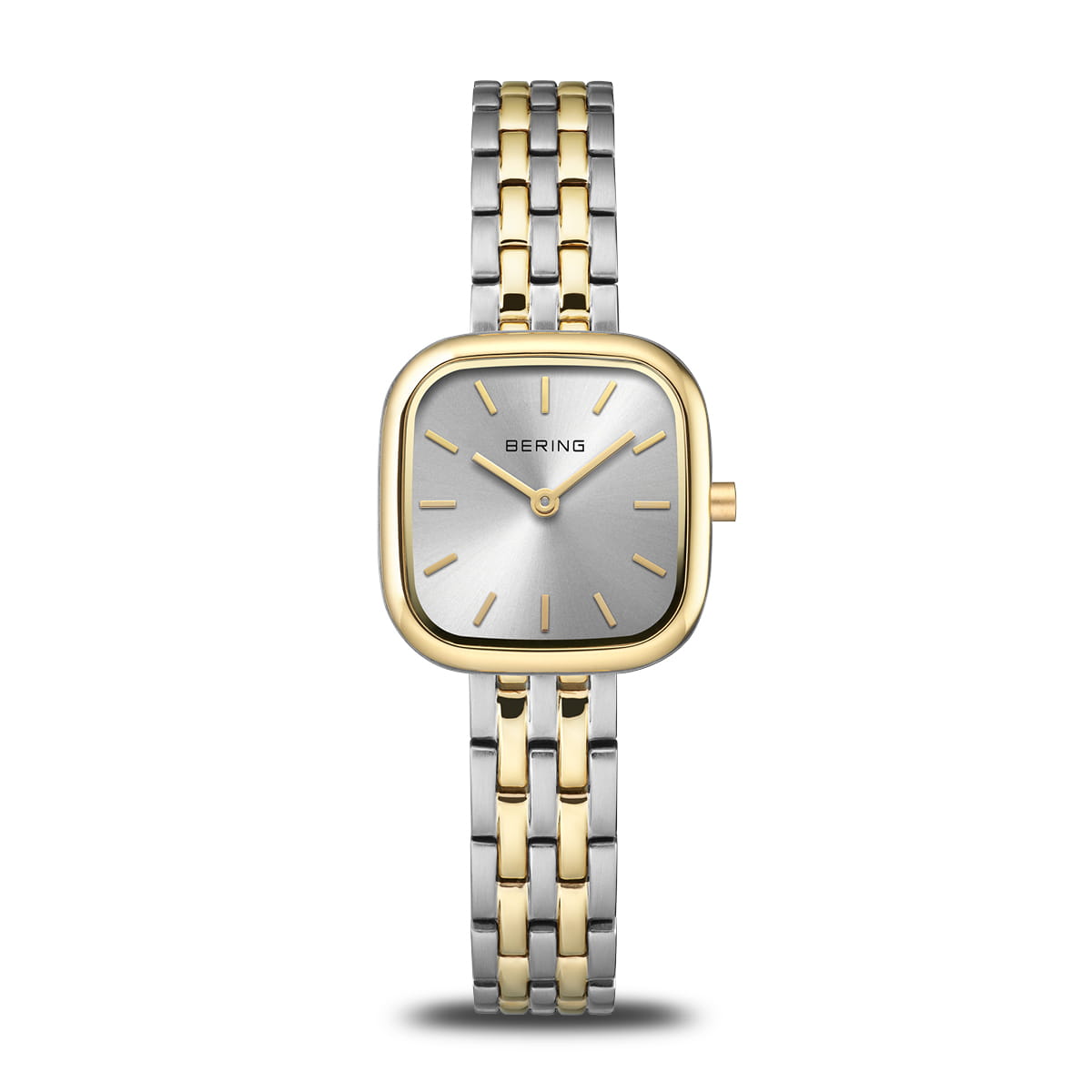 Montre Bering bicolore avec un cadran gris et un boîtier carré, bracelet en acier inoxydable.