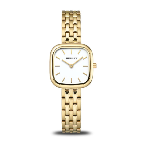 Montre dorée avec cadran blanc, boîtier carré et bracelet en maillons.