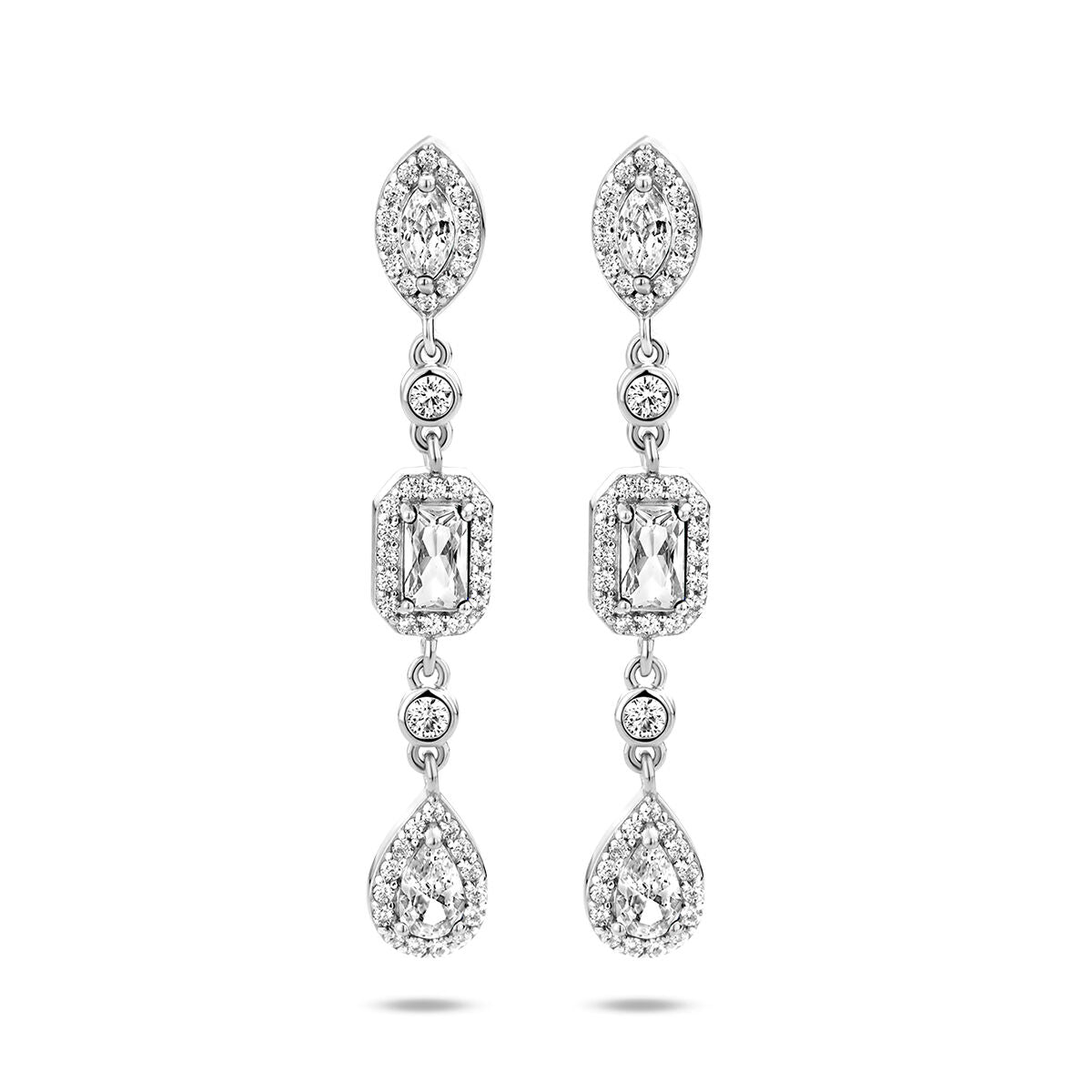 Boucles d'oreilles en argent rhodié ornées de zirconia, avec un design en cascade et des formes variées.
