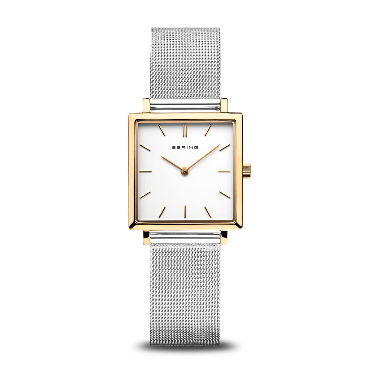 Montre pour femme avec cadran blanc, boîtier doré et bracelet en maille argentée.