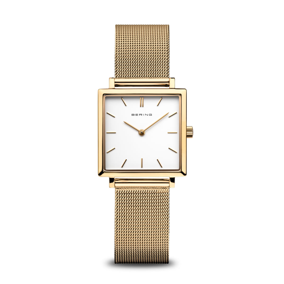 Montre pour dames avec cadran blanc, boîtier doré carré et bracelet en maille dorée.