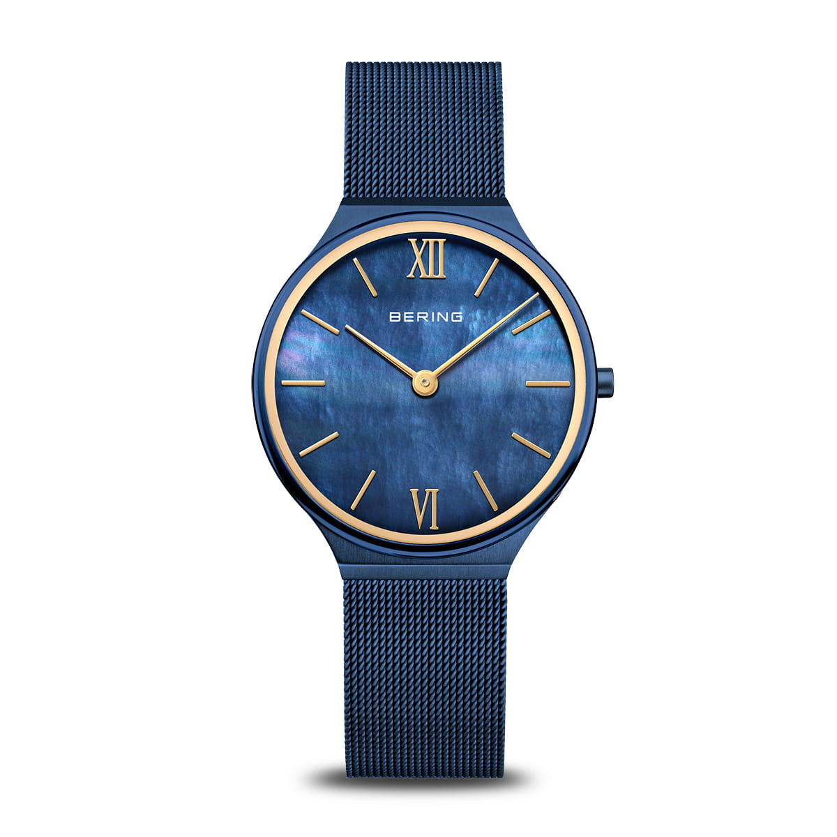 Montre Bering pour femme avec cadran bleu et bracelet en maille métallique doré.
