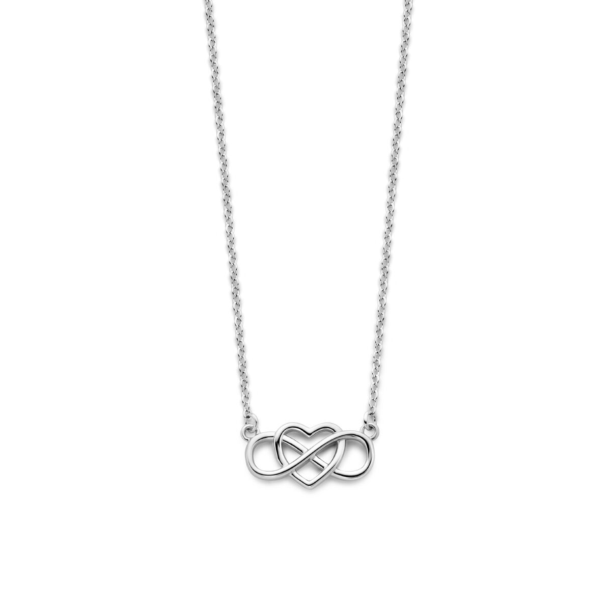 Collier en argent rhodié avec un pendentif en forme de cœur et d'infini.
