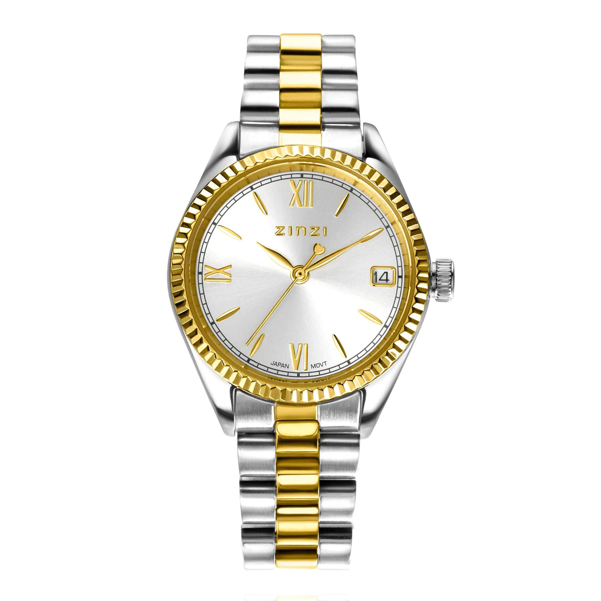 Montre en acier doré et argenté avec un cadran argenté, index romains et dateur.