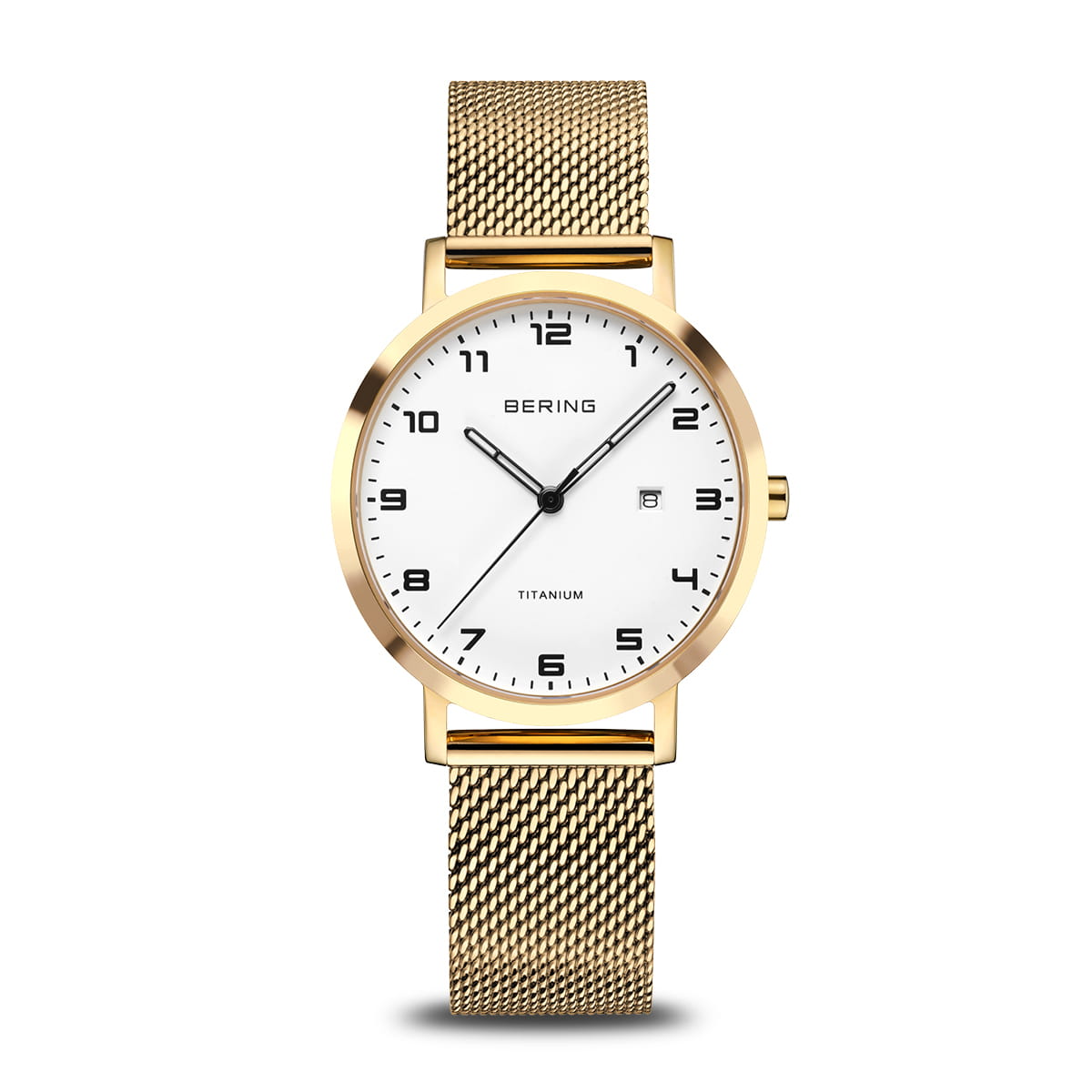 Montre Bering pour femme avec cadran blanc, boîtier doré et bracelet en maille dorée.