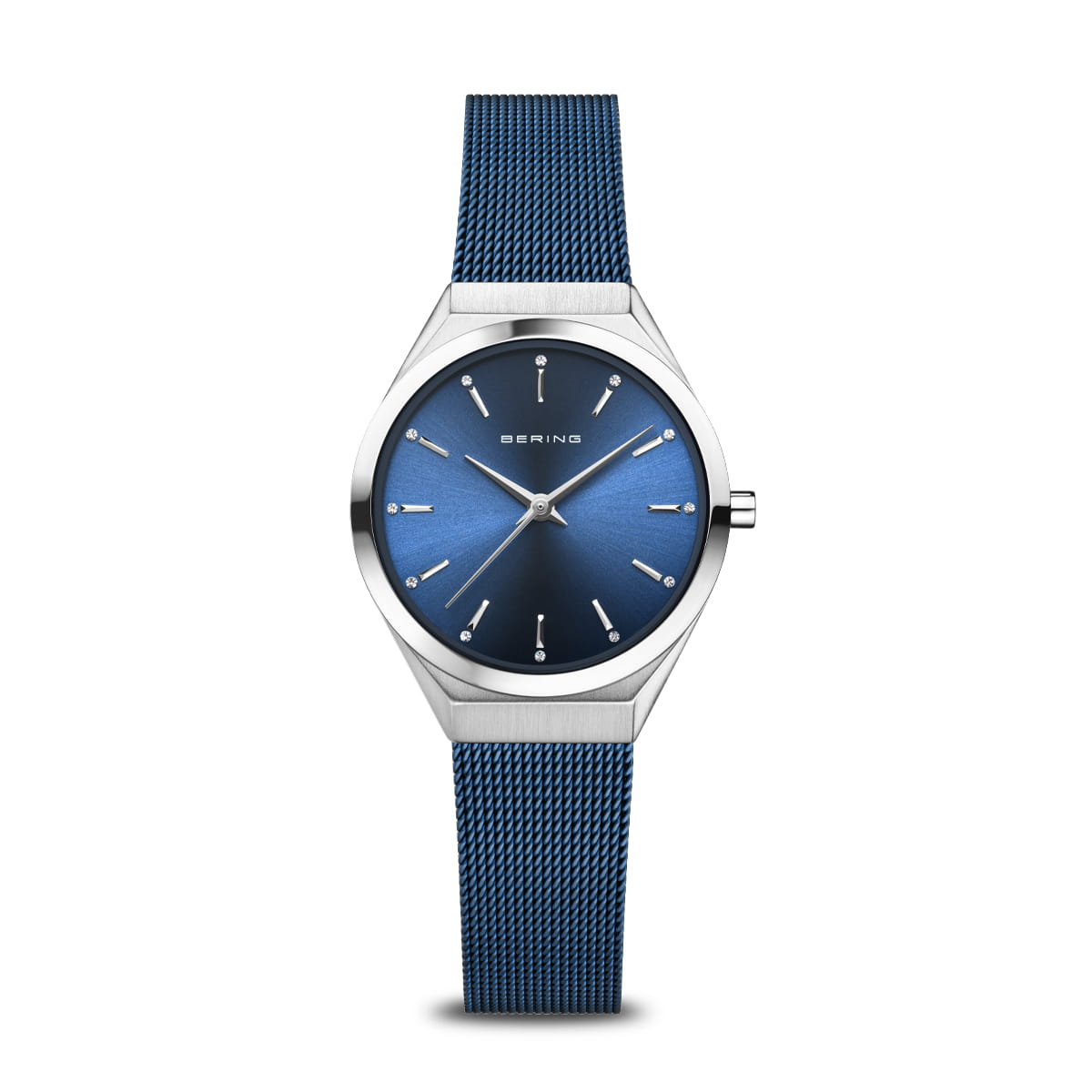 Montre unisexe avec un cadran bleu, boîtier en acier inoxydable et bracelet en maille.