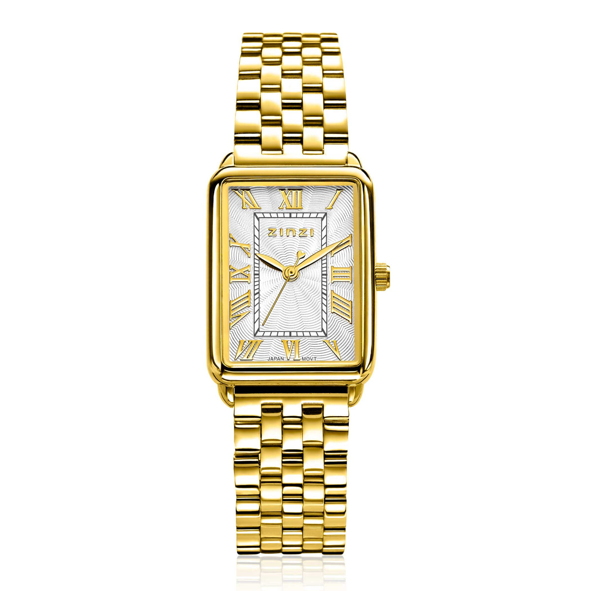 Montre en acier couleur or jaune avec un cadran blanc et des chiffres romains.