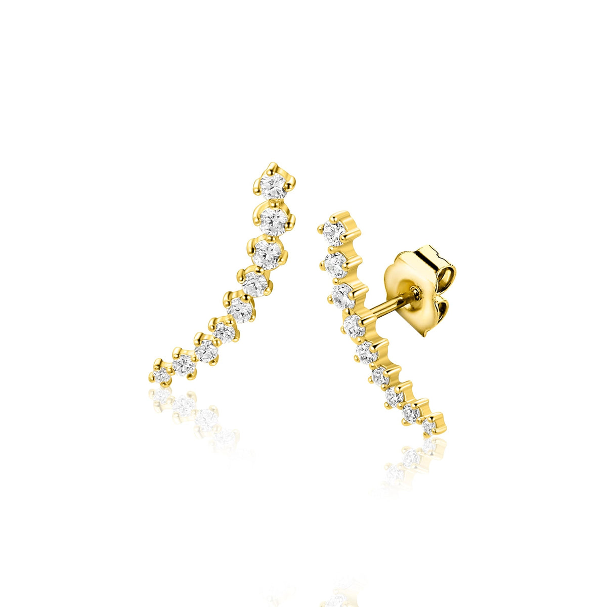 Boucles d'oreilles en argent doré avec une courbe asymétrique et des zircons.