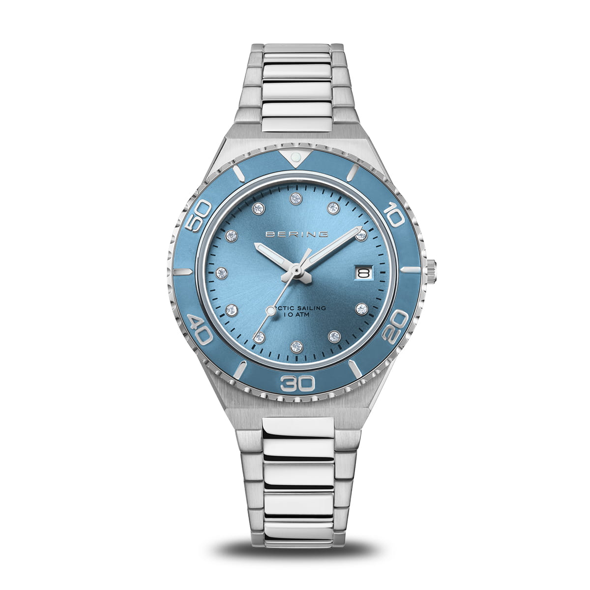 Montre Bering pour femme avec cadran bleu, boîtier en acier inoxydable et bracelet en métal.