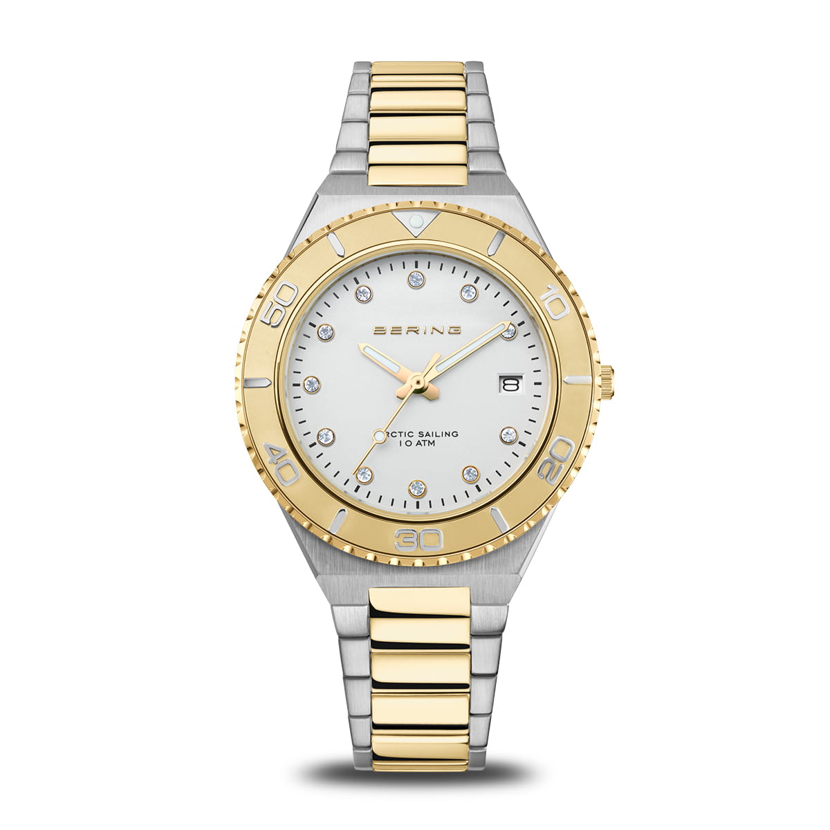 Montre pour femme avec cadran blanc, boîtier en acier inoxydable argenté et doré, bracelet en acier.