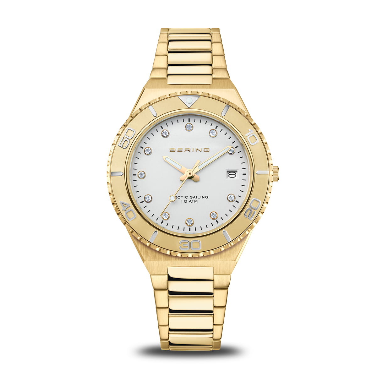 Montre pour femme avec cadran blanc, boîtier et bracelet dorés, affichage analogique et date.