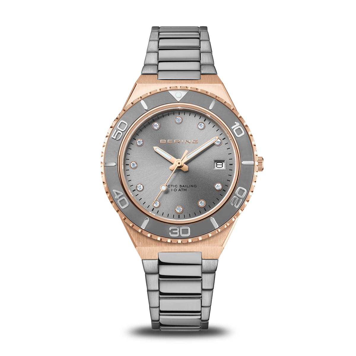 Montre pour femme avec cadran gris, boîtier en acier inoxydable doré rose et bracelet en acier.