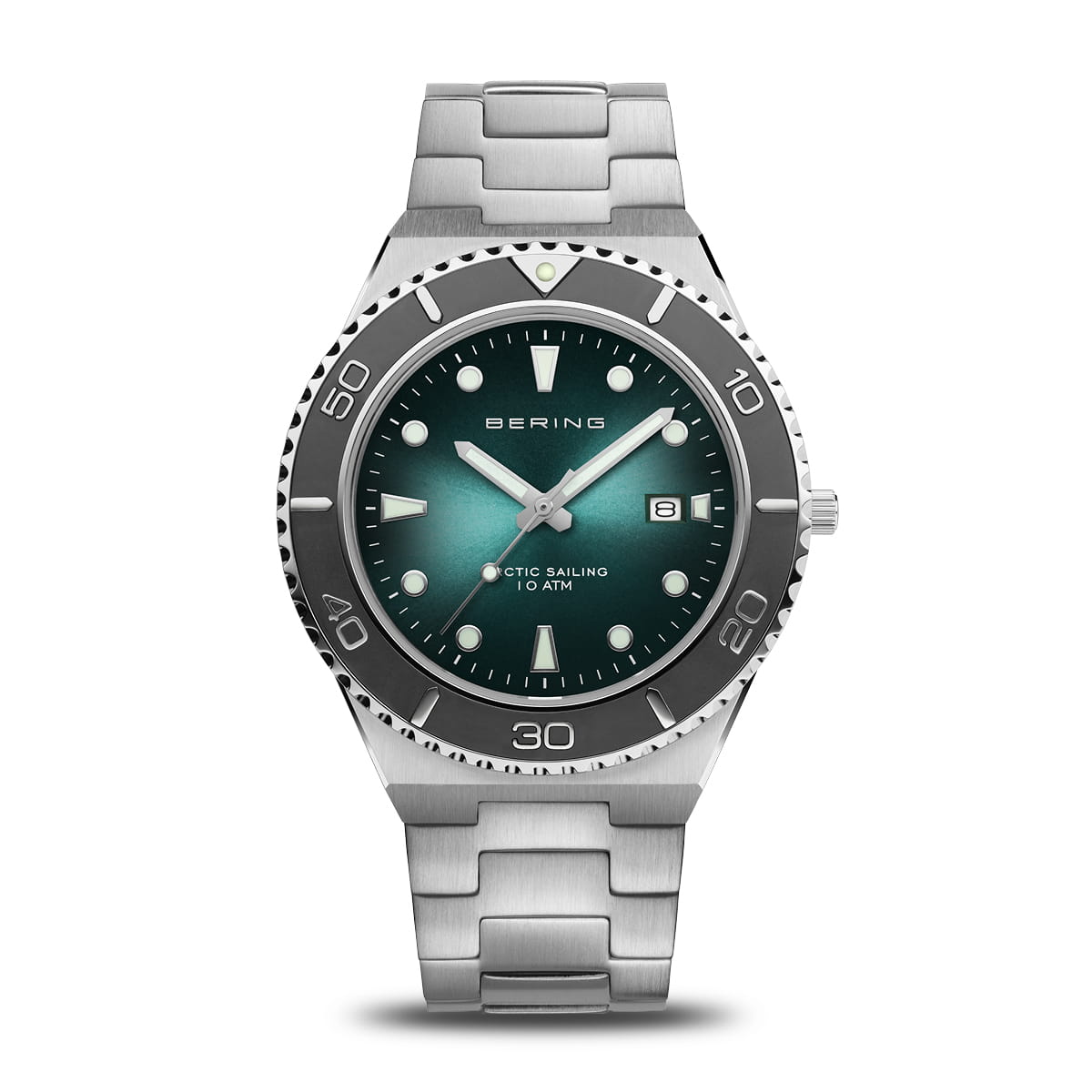 Montre pour homme avec cadran vert, boîtier en acier inoxydable et bracelet métallique.