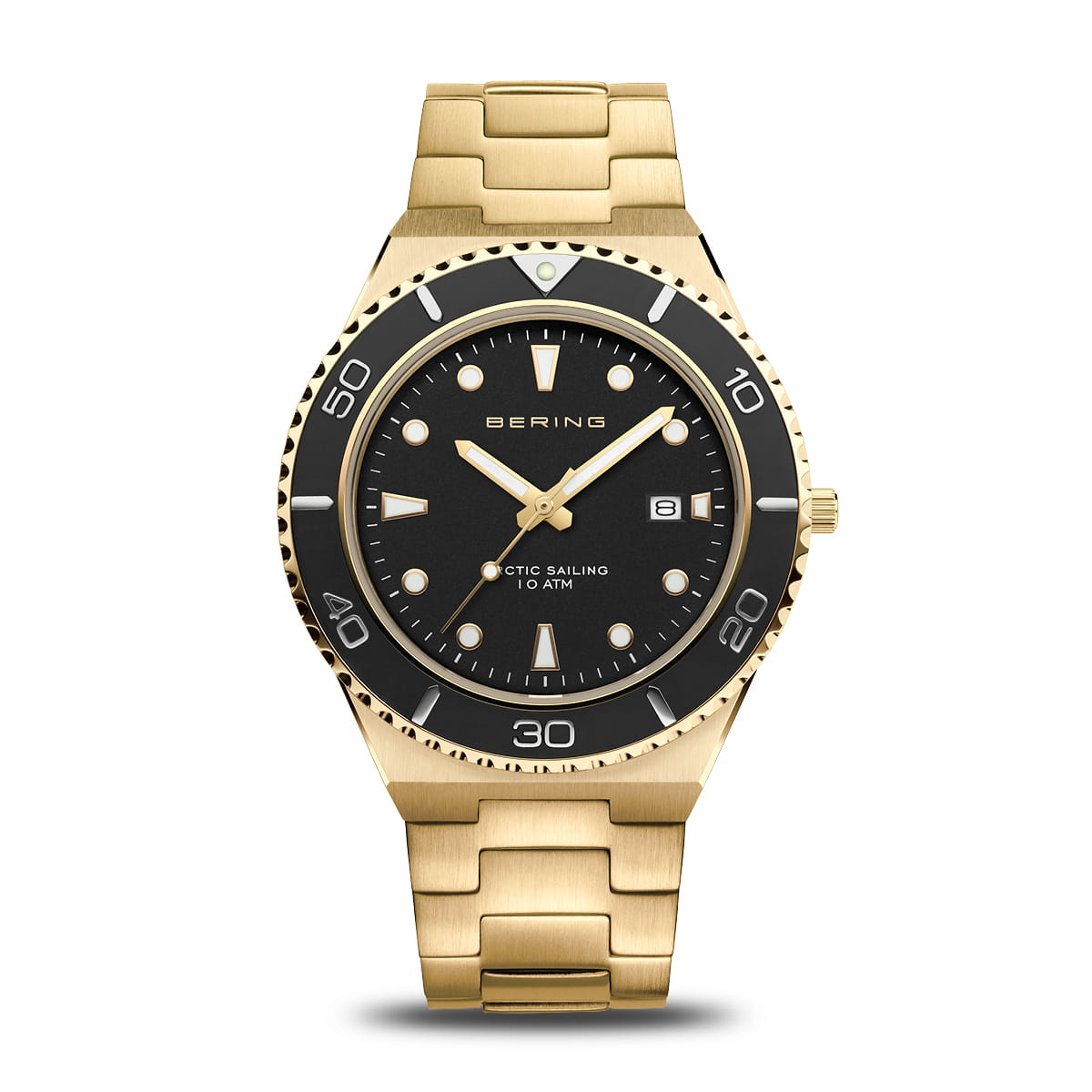 Montre pour homme avec cadran noir, boîtier doré et bracelet en acier doré, affichage analogique.